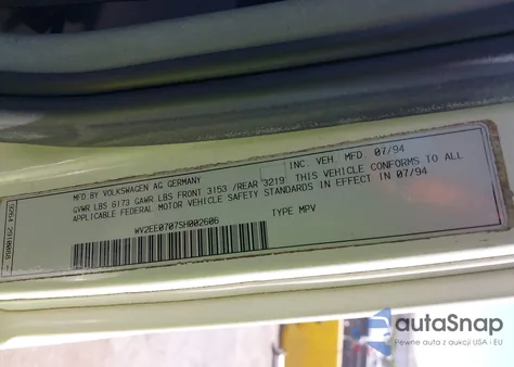 1995 Volkswagen Eurovan Camper/Transporter from USA, damaged, VIN WV2EE0707SH002606